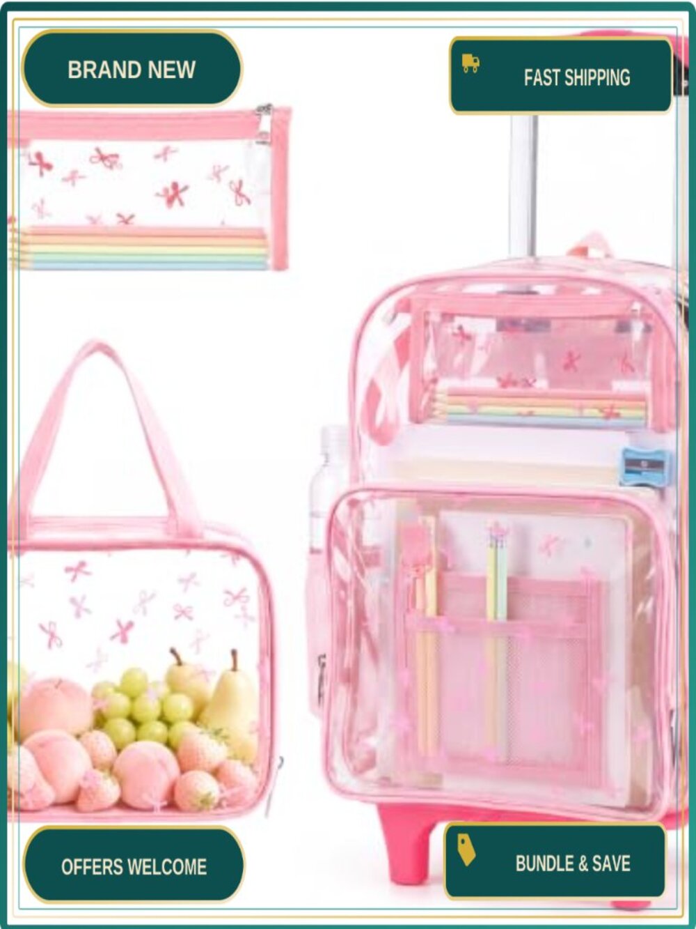 3-Piece Clear Rolling Backpack Set with Lunch Bag and Pencil Case, PVC